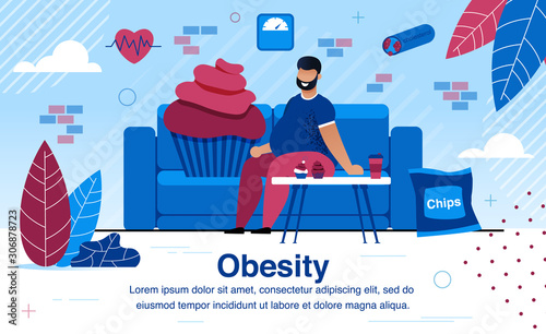 Obesity and Unhealthy Lifestyle, Vascular Diseases and Diabetes Prevention Trendy Flat Vector Banner, Poster Template. Obese, Overweight Man Sitting on Sofa at Home, Eating Unhealthy Food Illustration