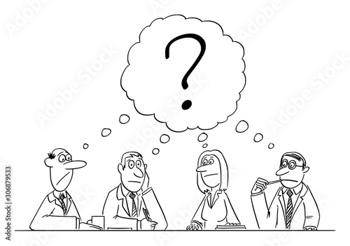 Vector funny comic cartoon drawing of business team meeting and brainstorming. Team is thinking and brainstorming the problem solution, answering the question.