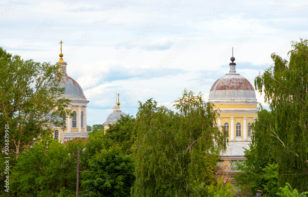 The domes of the Church behind the green trees