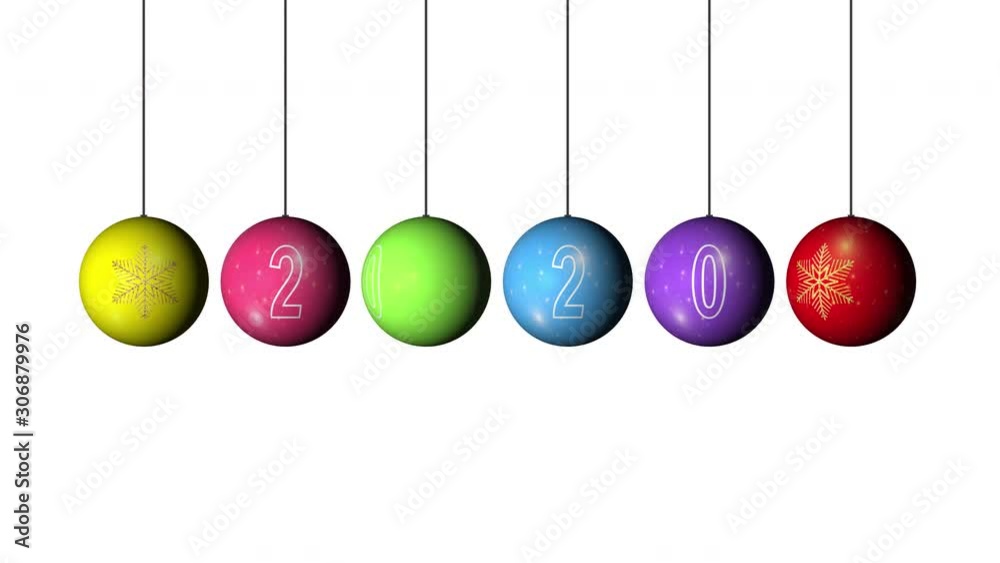 Set Looping realistic animation of the Christmas and New Year multicolored Balls with a golden snowflake and text 2020. Rotating decoration on white background. Merry Christmas and a Happy New Year! Set Looping realistic animation of the Christmas and New Year multicolored Balls with a golden snowflake and text 2020. Rotating decoration on white background. Merry Christmas and a Happy New Year!