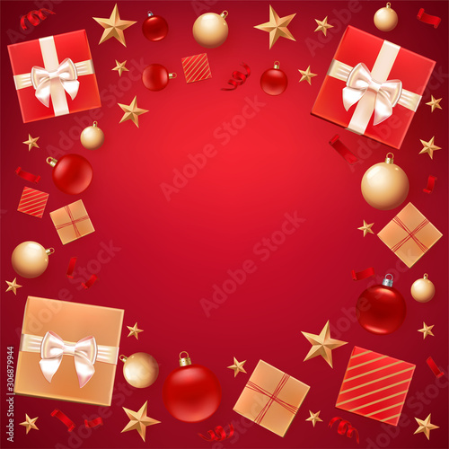 Christmas background greeting Card, Flyer, poster, dinner invitation, banner for Promotion Poster. Illustration with Christmas balls, stars, gift boxes and place for text.