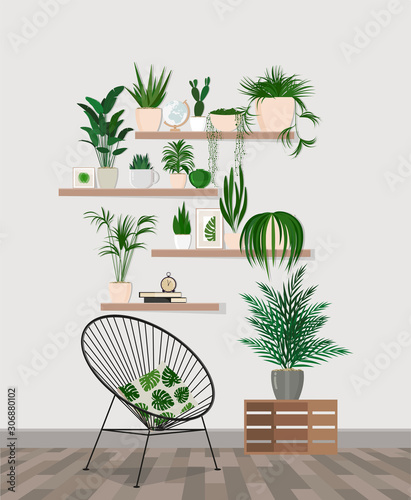 Cozy living room interior with armchair and plants.