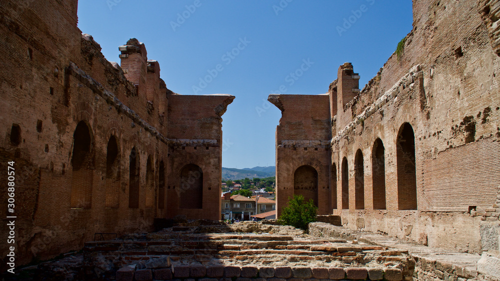 The Red Basilica, also called the Red Courtyard Red Hall. ancient city of Pergamonin, from İzmir, Turkey.