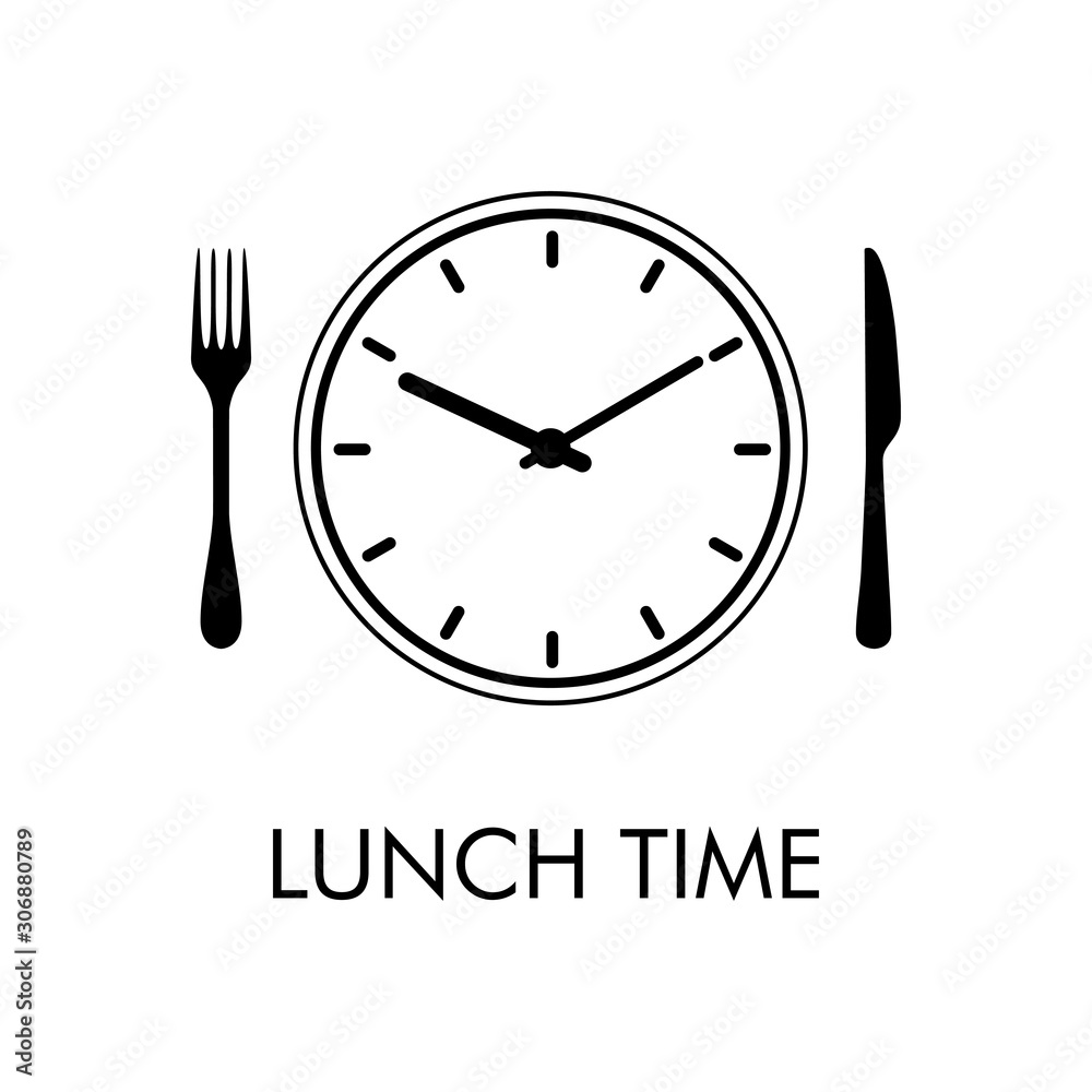 Logotipo con texto Lunch Time. Icono plano lineal con reloj con cubiertos en color negro Logotipo con texto Lunch Time. Icono plano lineal con reloj con cubiertos en color negro