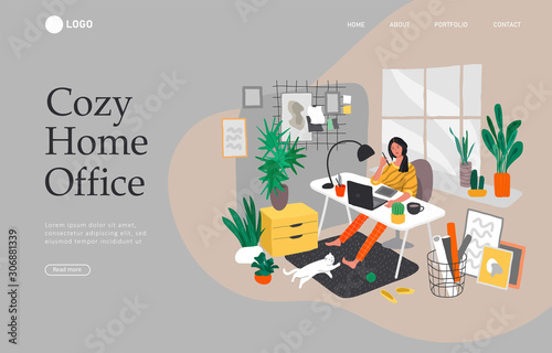 Landing page template with Freelancer designer girl working in nordic style home office with cat. Daily life and everyday routine scene by young woman in scandinavian style cozy interior. Cartoon