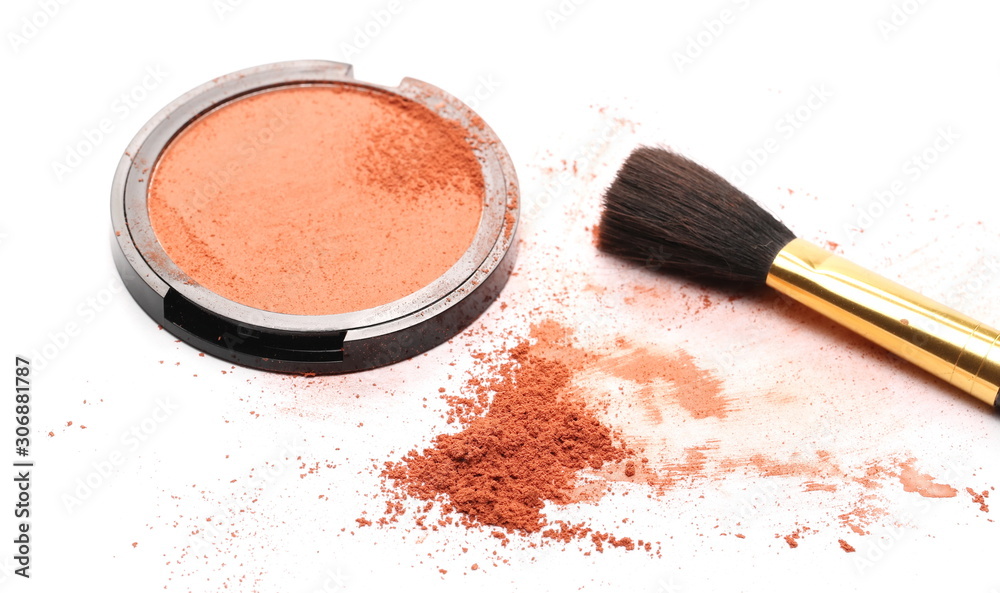 Face powder in round packaging, container with brush isolated on white background Face powder in round packaging, container with brush isolated on white background