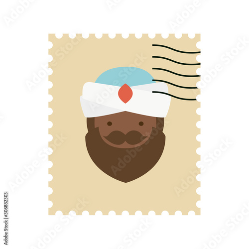 King Baltasar postage stamp. Christmas ornament isolated vectorized. Magi, wise man