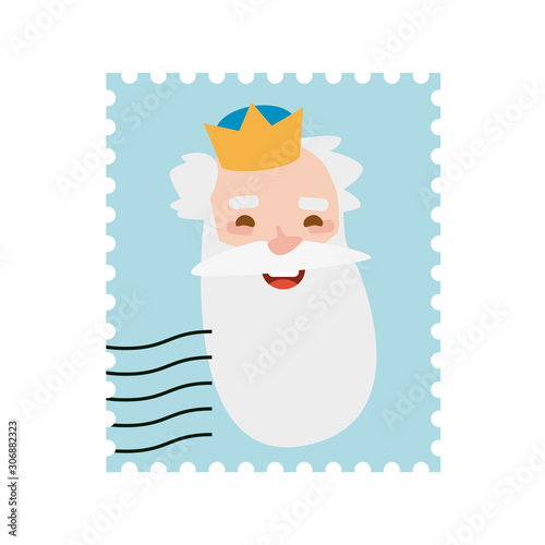 King Melchor postage stamp. Christmas ornament isolated vectorized. Magi, wise man