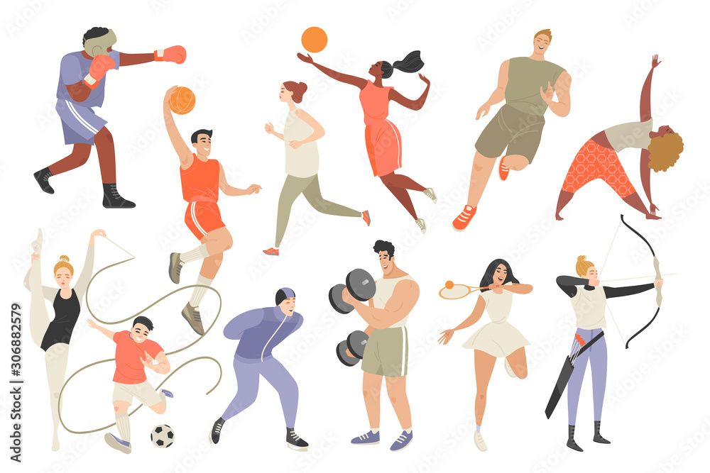 Set of vector illustrations of people involved in different sports - obrazy, fototapety, plakaty 