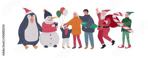 Christmas and New Year holiday set with Santa, elf, penguin and snowman portrait photo with happy family. Mother father with children with animator in christmas costume. Vector cartoon