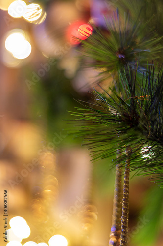 Decorated Christmas tree and creche on a blurred background  and you can see the lights and the warm colors which give it a true spirit and mood