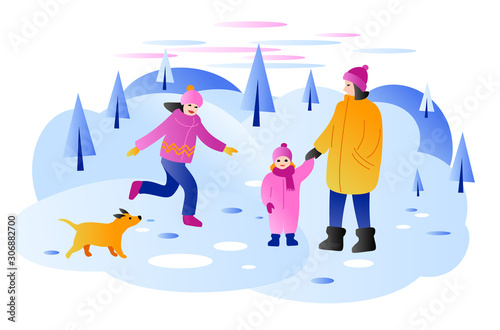Family mom and daughter walking in winter clothes in the woods. A teenage girl walks her dog in a winter forest. Trees, snow, drifts. Vector graphics. Woman with siblings, children in hats and jacket