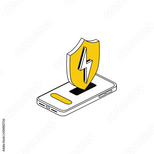 Mobile phone app, shield lightning. Vector 3d isometric, color web icon, new flat style. Creative illustration design, idea for infographics.