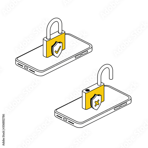 Mobile phone lock safety shield. Vector 3d isometric, color web icon, new flat style. Creative illustration design, idea for infographics.