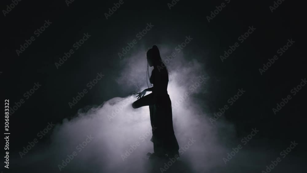 Silhouette dancer woman performing dance figures in fog. 4K Slow motion footage. Silhouette dancer woman performing dance figures in fog. 4K Slow motion footage.