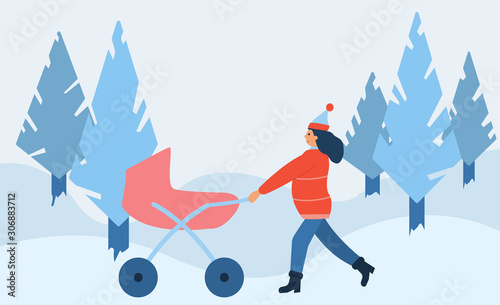 Active mother walking with her child in a pram. Winter landscape, park. Young woman character. Vector flat style illustration.