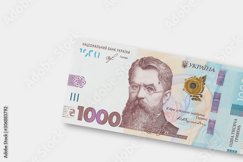 Ukrainian 1000 Hryven 2019 banknote on a gray background. Volodymyr Vernadskyi (1863-1945), historian, philosopher, naturalist and scientist. photo