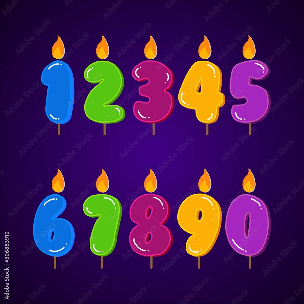 birthday candle colorful collection set of all numbers. burning colorful candles flat design cartoon style. for anniversary and birthday kids invitation card design element decoration. birthday candle colorful collection set of all numbers. burning colorful candles flat design cartoon style. for anniversary and birthday kids invitation card design element decoration.