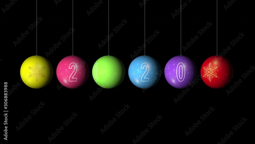 Set Looping realistic animation of the Christmas and New Year multicolored Balls with a golden snowflake and text 2020. Rotating decoration on white background. Merry Christmas and a Happy New Year Set Looping realistic animation of the Christmas and New Year multicolored Balls with a golden snowflake and text 2020. Rotating decoration on white background. Merry Christmas and a Happy New Year