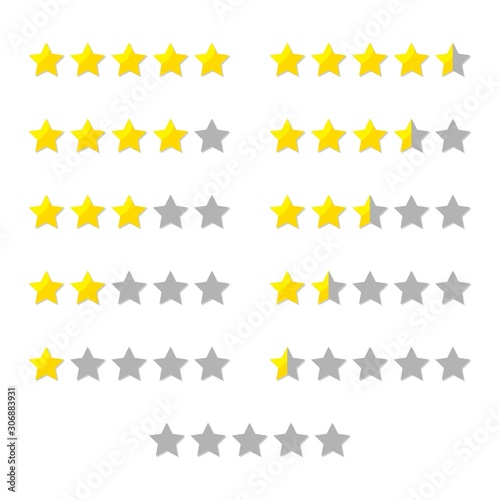 rating stars set for product or customer review with gold and half stars flat vector icons for apps and website. isolated on white background. rank and rating concept collection symbols.