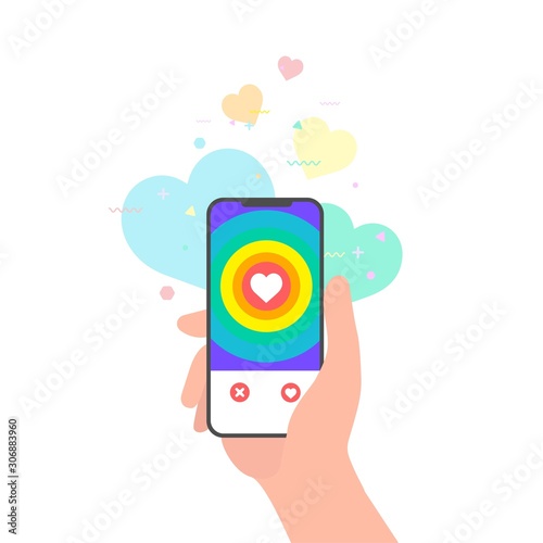 hand holding phone with online dating app for LGBT social media concept. virtual relationship love with rainbow gay flag. flat style vector illustration isolated.