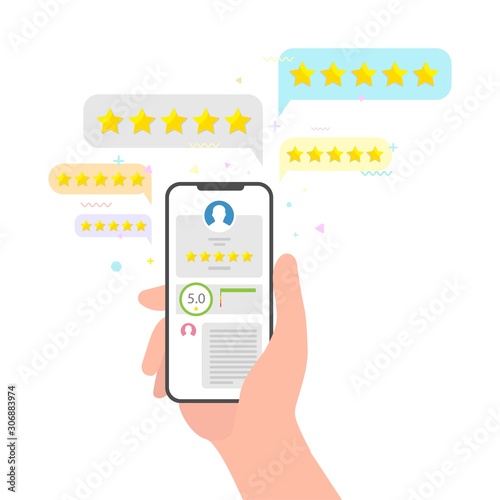hand holding phone and stars rating feedback review. perfect five stars review concept. rating evaluation over mobile phone social media concept of user opinion. flat style vector isolated for web.