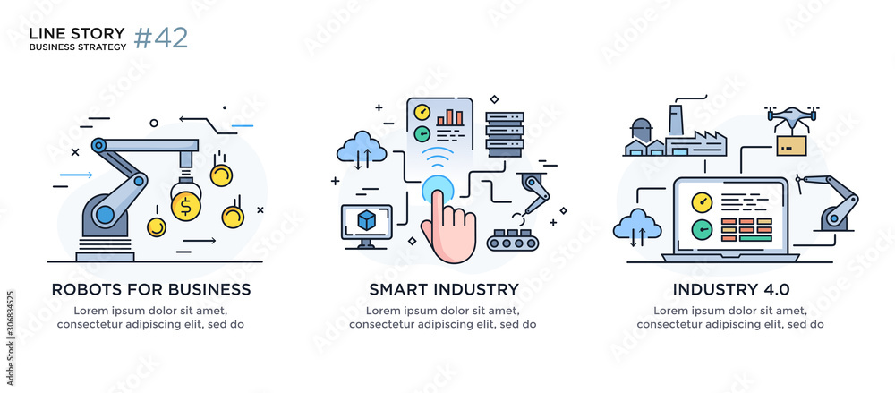Set of illustrations concept with businessman. technology, partnership, connection, business robot, cyber. linear illustration Icons infographics. Landing page site print poster. Line story