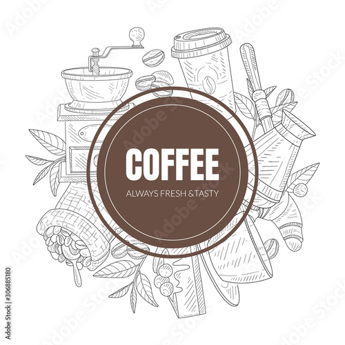 Fresh and Tasty Coffee Symbols Arranged Behind the Graphic Circle