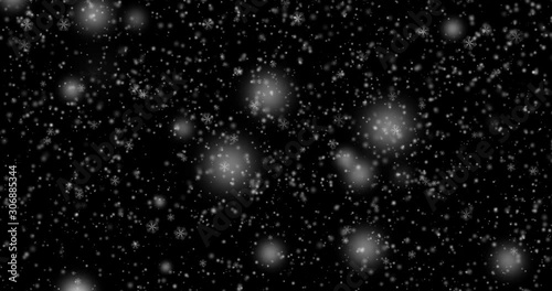Snowstorm decoration element on black background. Winter design with snowfall. Decorative snowflakes.