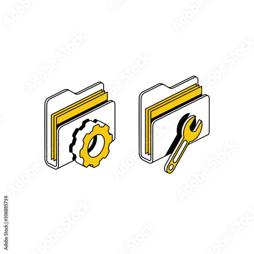 Folders service support, settings gear. Vector 3d isometric, color web icon, new flat style. Creative illustration design, idea for infographics.