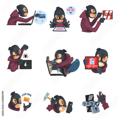 Hackers hack data on a computer. Set of vector illustrations.