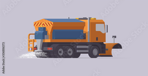 Snow plowing truck. Snow removal. Salt spreader. Vector illustration