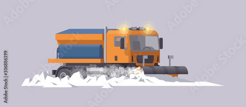 Snow plowing truck. Snow removal. Salt spreader. Vector illustration