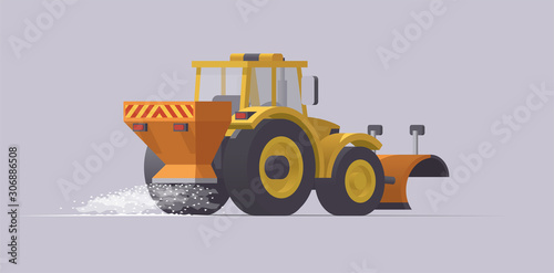 Snow plowing tractor. Snow removal. Salt spreader. Vector illustration