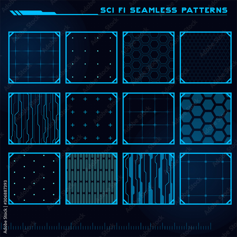 Set of Sci Fi Modern Seamless Patterns. Futuristic Abstract HUD. Good for game UI. Vector Illustration EPS10