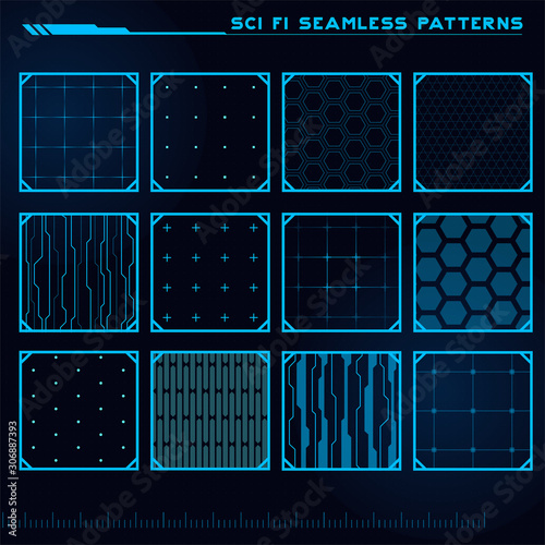 Set of Sci Fi Modern Seamless Patterns. Futuristic Abstract HUD. Good for game UI. Vector Illustration EPS10