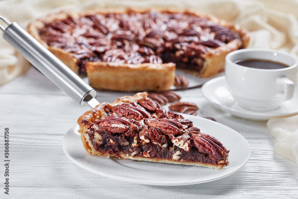 close-up of a slice of delicious pecan pie