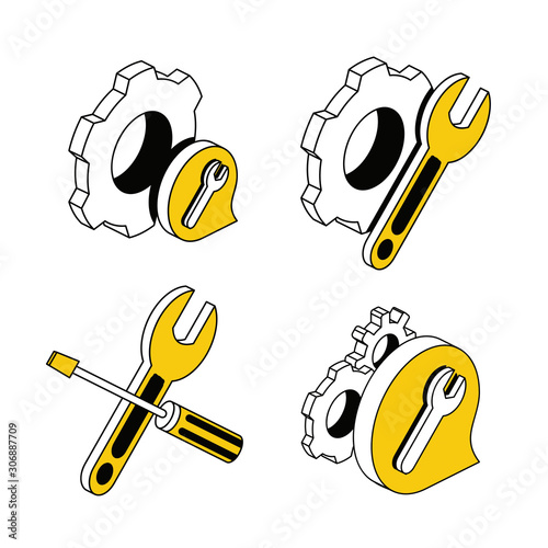 Support service wrench gear set. Vector 3d isometric, color web icon, new flat style. Creative illustration design, idea for infographics.