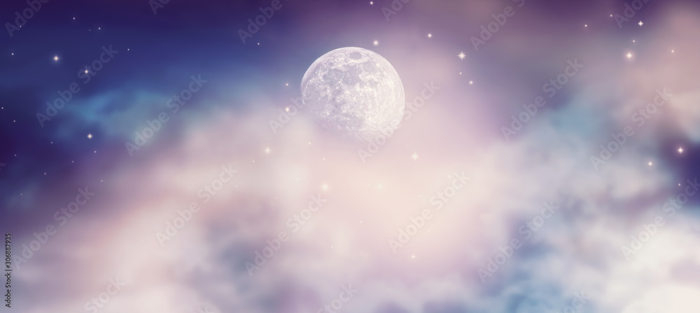 Fantastical fantasy background of magical deep purple night sky with moon, shining stars and mysterious clouds. Idyllic tranquil fabulous panoramic scene. Photo of moon is taken by me with my camera.
