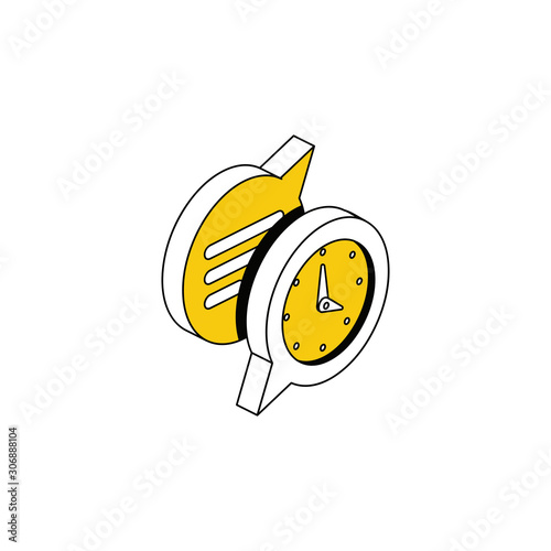 Chat bubbles time clock. Vector 3d isometric, color web icon, new flat style. Creative illustration design, idea for infographics.