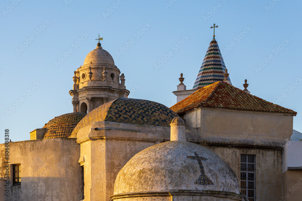 Cadiz Old Cathedral Rooftops with Golden Light and Blue Sky Andalusia