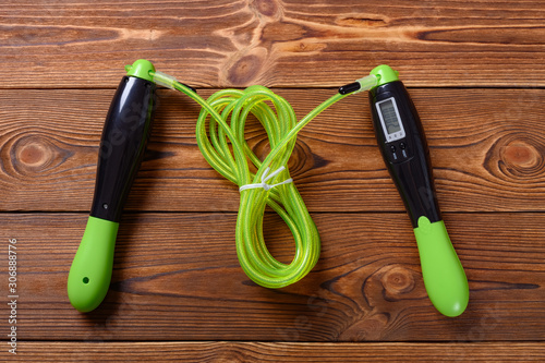 top view green skipping rope with digital counter