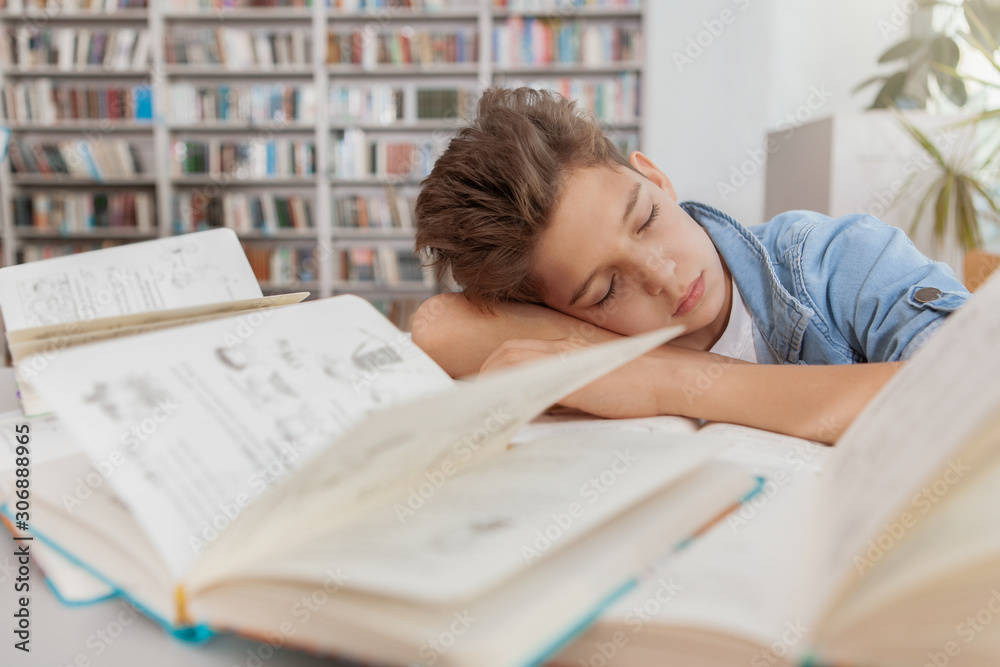 Adorable little boy sleeping on his books and textbooks at the library tired after studying Adorable little boy sleeping on his books and textbooks at the library tired after studying