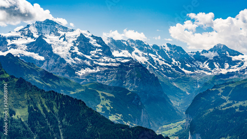 Switzerland, Panoramic view on green Alps and Lauterbrunnen from Schynige Platte