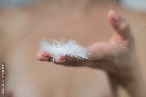 White tender feathers to a female hand on a background of a naked body