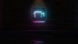 3D rendering of blue violet neon icon of camera app icon on brick wall