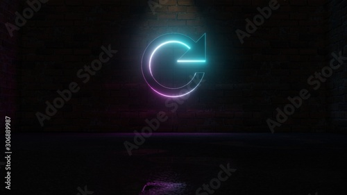 Fotografie 3D rendering of blue violet neon symbol of refresh arrow icon on brick wall