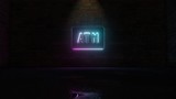 3D rendering of blue violet neon symbol of atm sign icon on brick wall