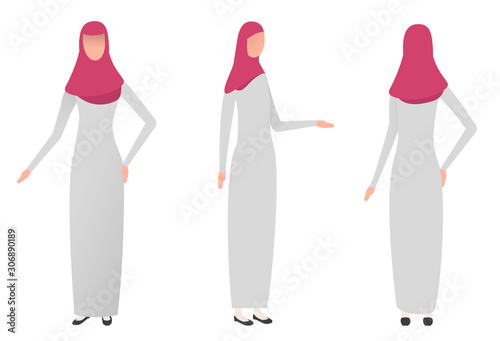 Cartoon arab muslim woman in traditional clothes isolated on white background. Colorful character in different position. Flat design style. Front, rear, side view. Vector illustration.