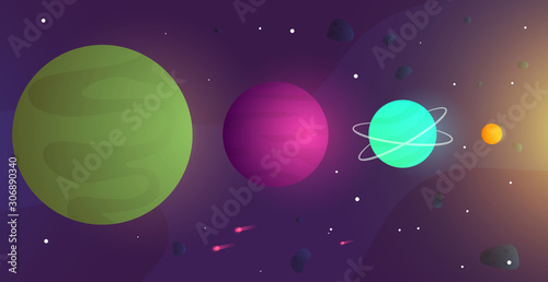Fototapeta Naklejka Na Ścianę i Meble -  Colorful cartoon planets and deep space in flat style. Bright cute science astronomical composition. Fantasy sci-fi template for games or branding design. Vector illustration.